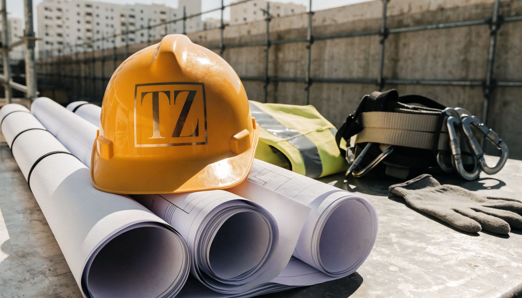 קסדת בטיחות צהובה ממותגת TZ על תוכניות בנייה לצד אפוד, רתמה וכפפות
